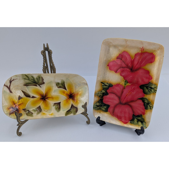 Capiz Shell Mother of Pearl Serving Trays Vintage Set Of 2 Hand Painted Floral - Picture 1 of 11